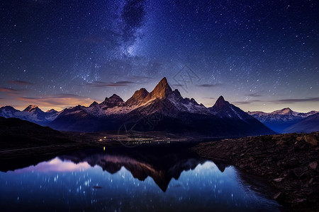 山湖和星空唯美风景星空下的湖泊背景