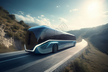 山路上行驶的未来主义公交车图片