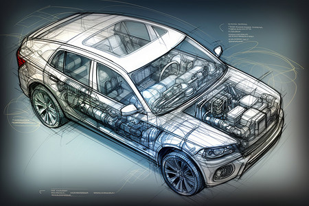 汽车装置汽车内部结构草图插画