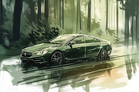 汽车停在郁郁葱葱的绿色森林插画图片