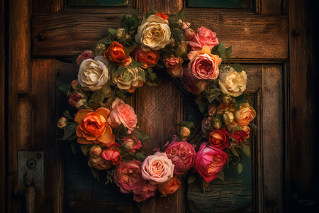 新鲜编织的玫瑰花环背景图片