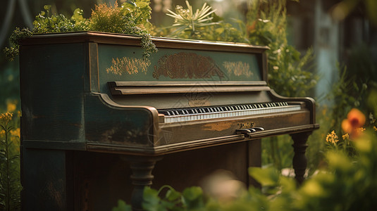 花园中古老的钢琴背景图片