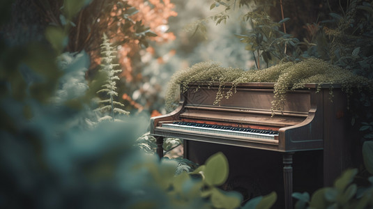 音乐植被边框花园里的钢琴背景