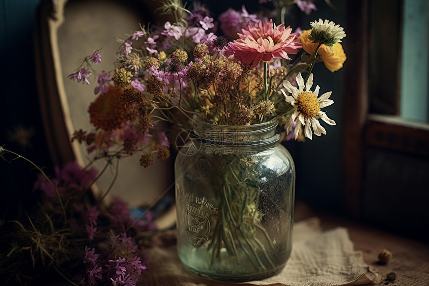 花瓶中新鲜采摘的野花图片