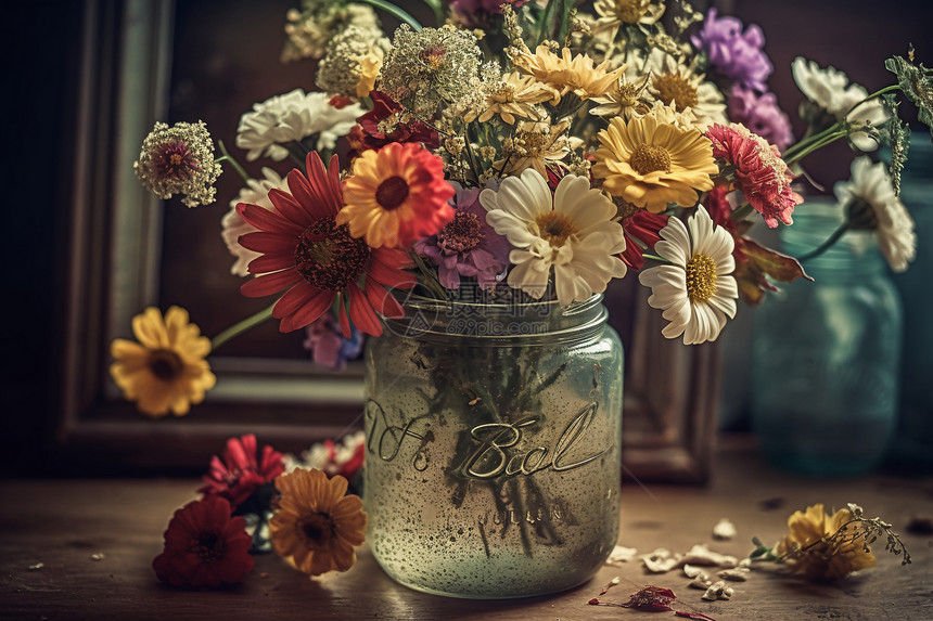 复古罐子里的一束野花图片
