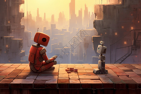令人心烦意乱的未来世界中2个ai机器人面对面对话插画