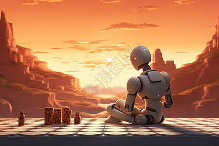 战略轰炸机未来世界ai机器人在享受着惬意的日落时光插画