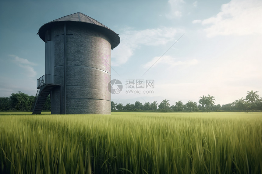 宁静的稻田中的铁皮谷仓图片