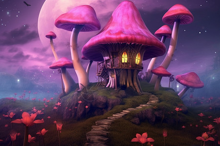 粉红色小蘑菇梦幻的蘑菇屋插画