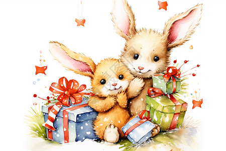 精美圣诞素材圣诞节的小兔子插画