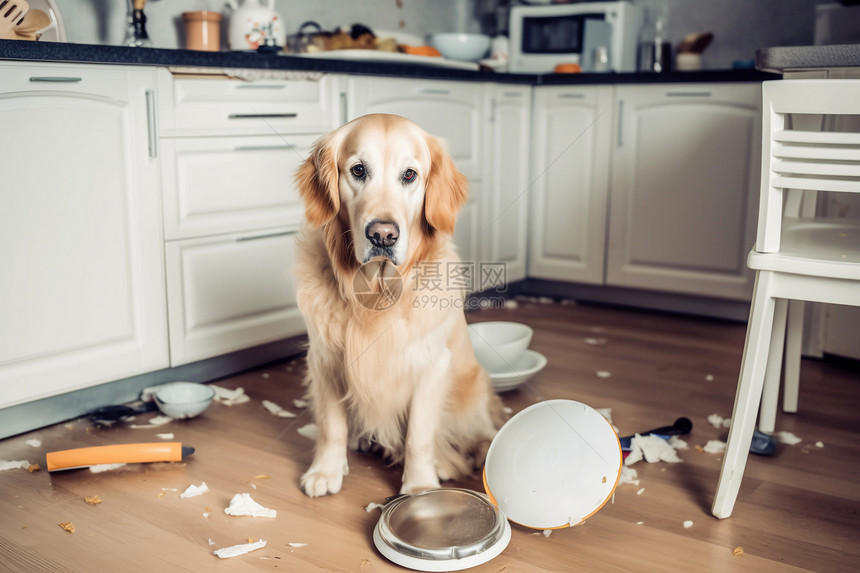 厨房中破碎的盘子和狗狗图片