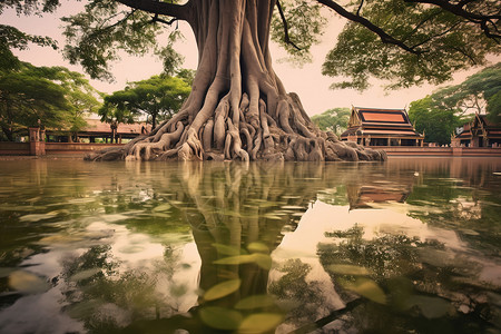 佛教公园中的古老榕树背景图片