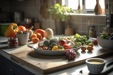 厨房餐饮案板上的蔬菜设计图片