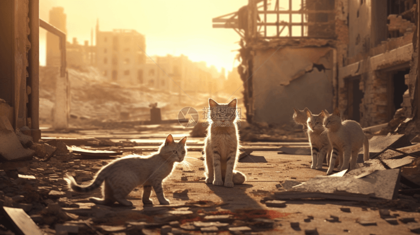 废墟中流离失所的流浪猫图片