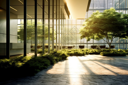 商业办公楼前的绿化植物图片