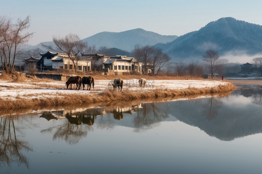 农村的建筑物和湖泊图片