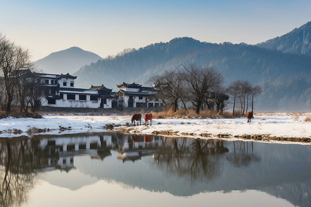 雪后农村的建筑物图片