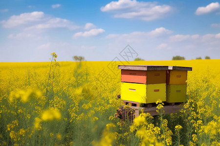 油彩天空油菜田地里的蜂巢背景
