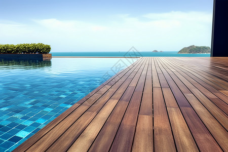 泳池和条纹木地板背景图片