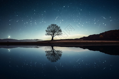 星空下湖水和树木背景图片
