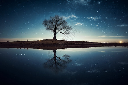 星光下湖水和树木背景图片