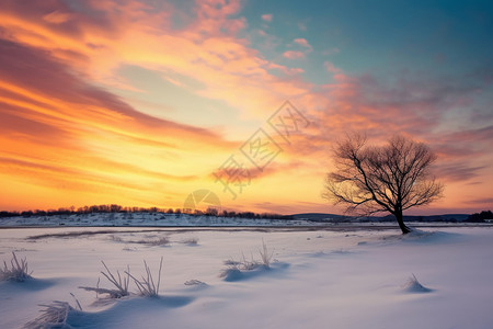 冬天，在大坝上的风景，日落，树木，白云，草原，蓝色，高清背景图片