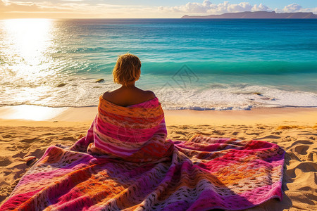 沙滩照一个女人躺在一条五颜六色的沙滩巾上背景