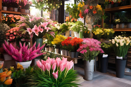花店里陈列着多种鲜花背景图片
