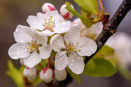 雨后的梨树开花背景图片