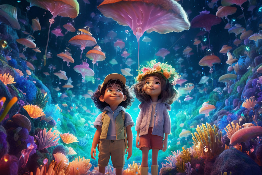 两个小孩探索神奇而多彩的水下王国图片