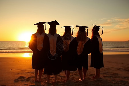 毕业生和她的朋友们站在海滩上图片