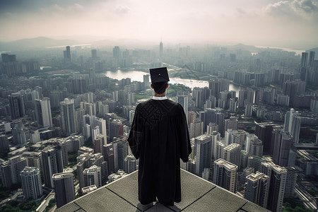 在屋顶上毕业生站在城市最高处设计图片