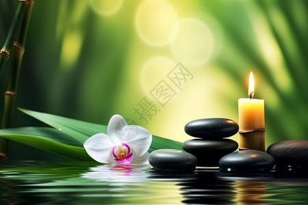 水疗静物蜡烛和石头与竹子图片