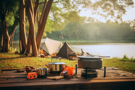 露营的炊具和帐篷背景图片