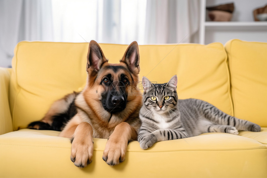 客厅沙发的猫猫和狗狗图片
