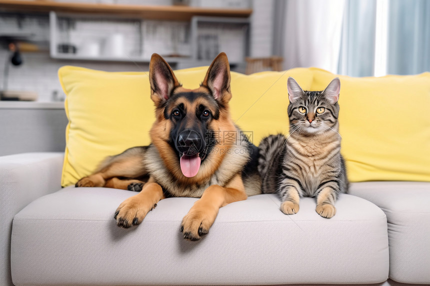 沙发上的狗和猫咪图片