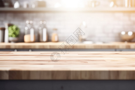 木制台面上模糊的厨房背景背景图片