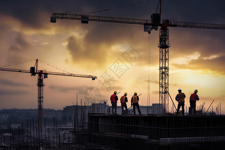工程机械工人在高层建筑工地背景