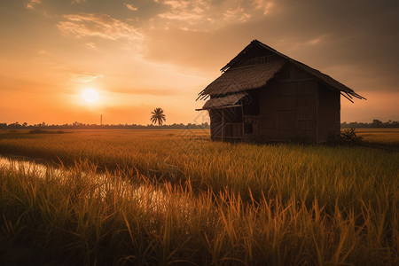 落日下稻田里的米仓图片