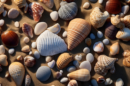 各类形状的贝壳埋在海边的沙子里背景图片
