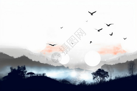 暮色远山群鸟背景图片