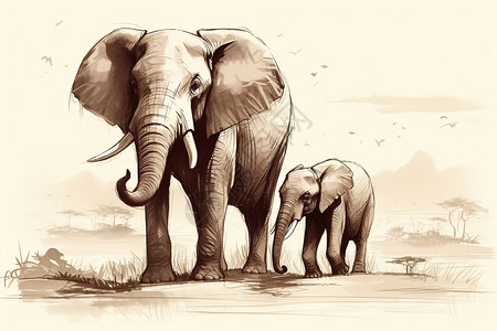 草原上非洲象草原上的草图插画