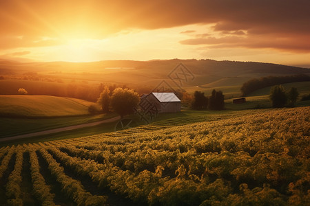 苹果小屋苹果农场的金色日落和连绵起伏的山丘背景