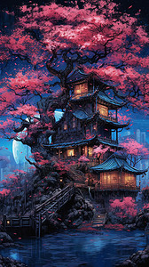 日本古代建筑插画场景夜樱下的悬崖高楼亭台插画