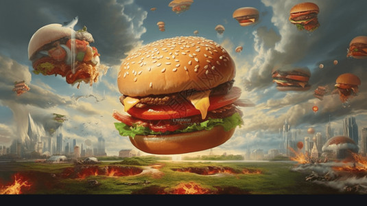 汉堡美食海报在天空中的汉堡包插画