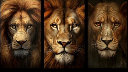 三种不同的狮子的脸型插画