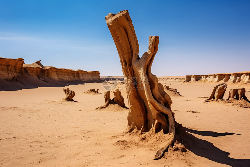 戈壁沙漠风蚀枯木图片