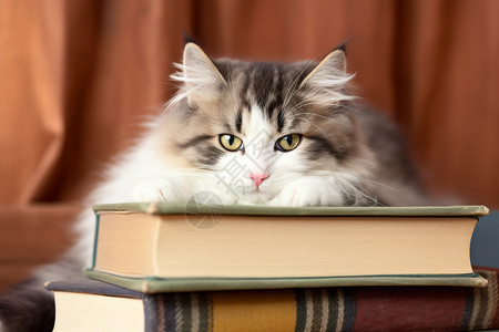可爱猫咪趴着书本上图片