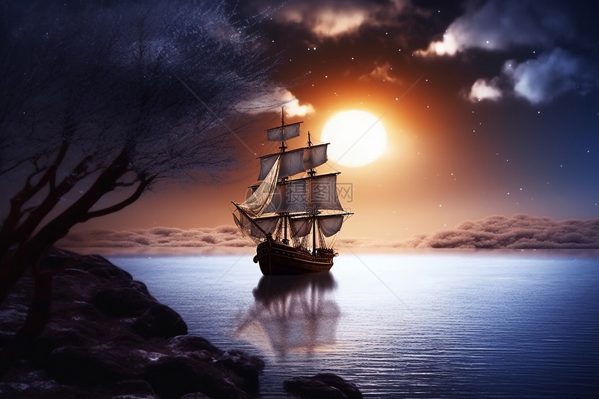 黎明湖面行驶的帆船图片