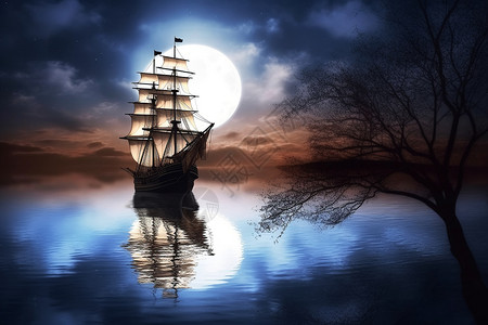 月光下行驶的帆船图片